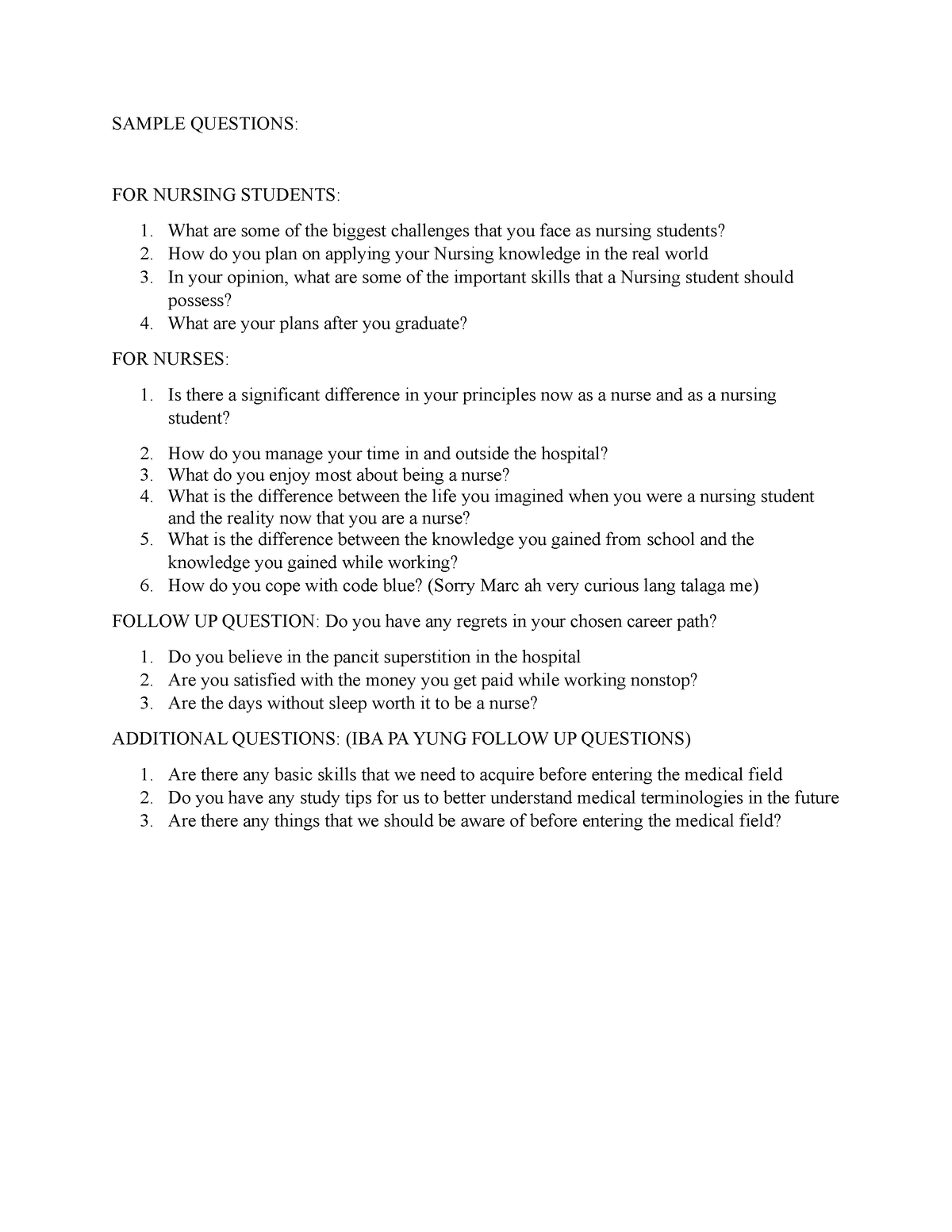 3IS - questions and lectures - SAMPLE QUESTIONS: FOR NURSING STUDENTS ...