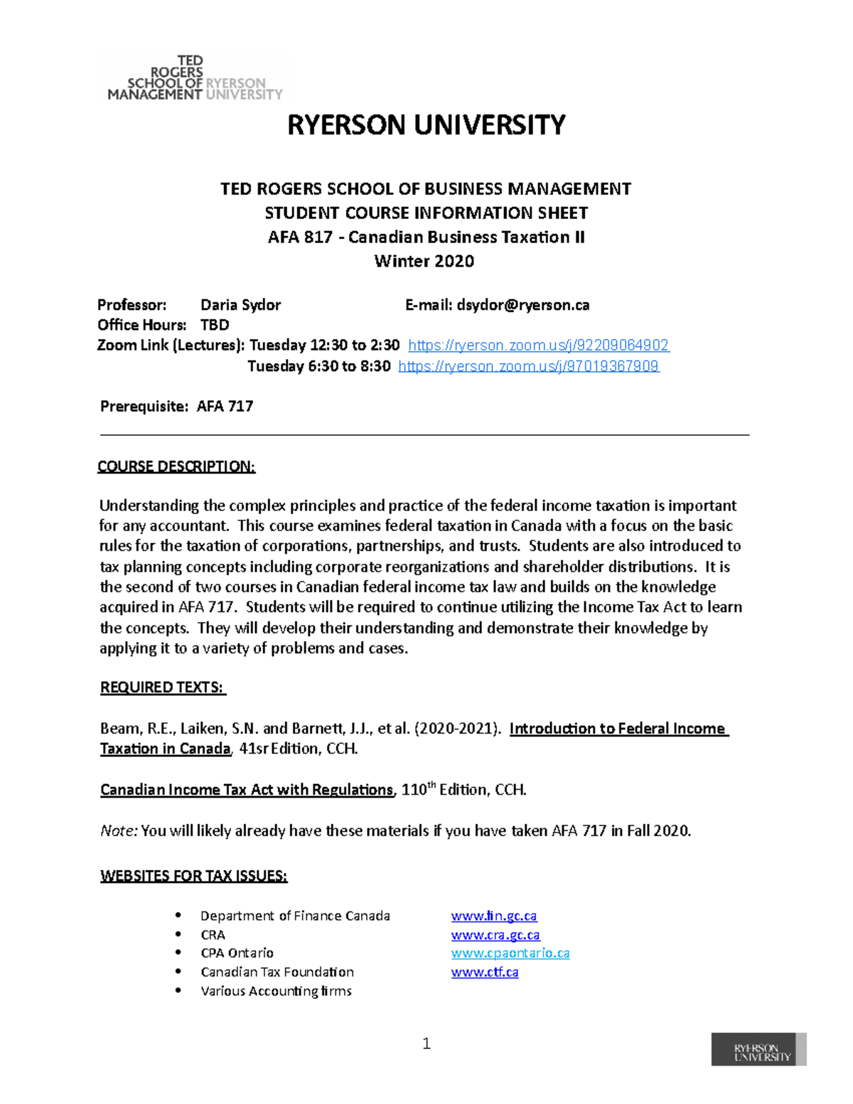 AFA 817 - Course Outline Winter 2021 - RYERSON UNIVERSITY TED ROGERS ...