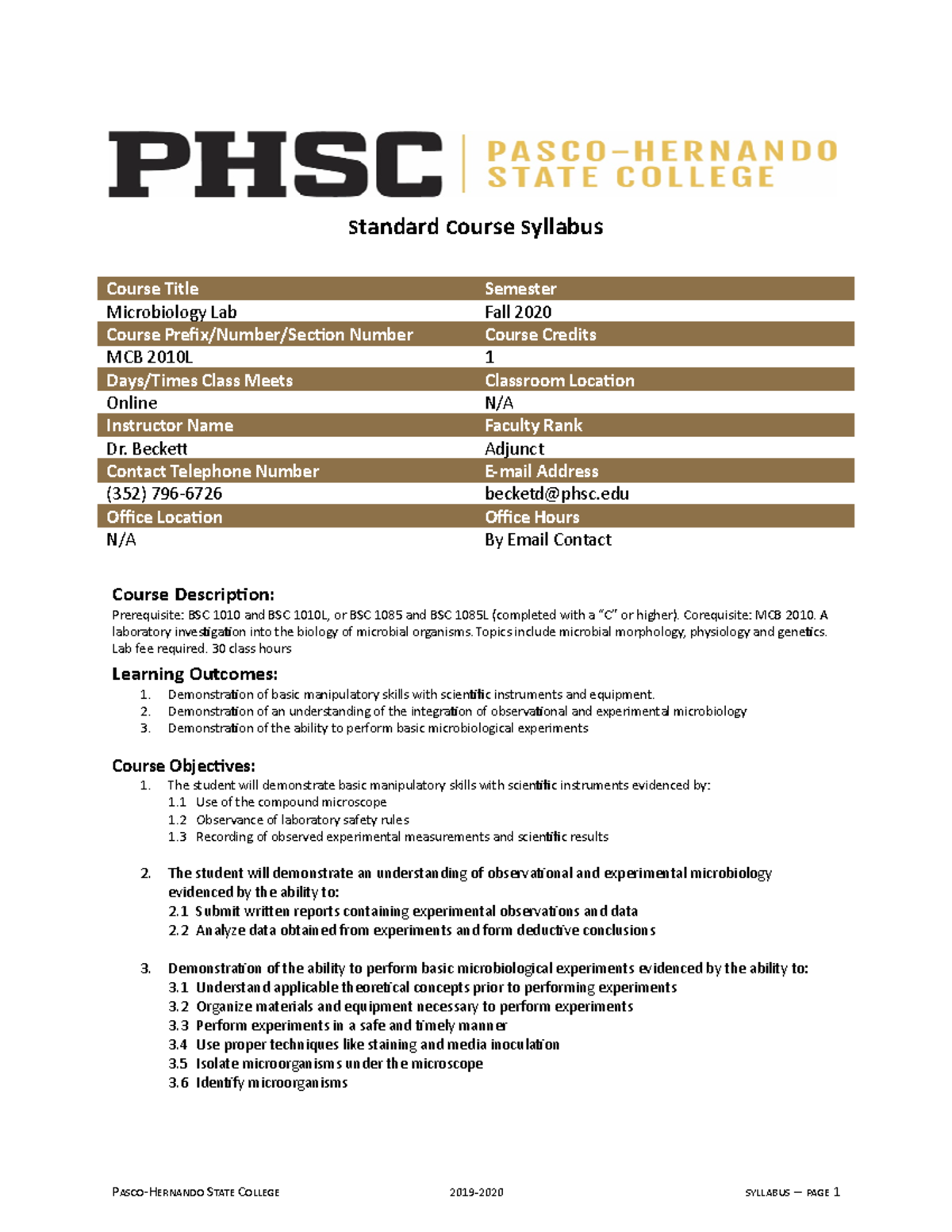 Syllabus Microbiology Lab Pasco Fall 2020 (1) Standard Course