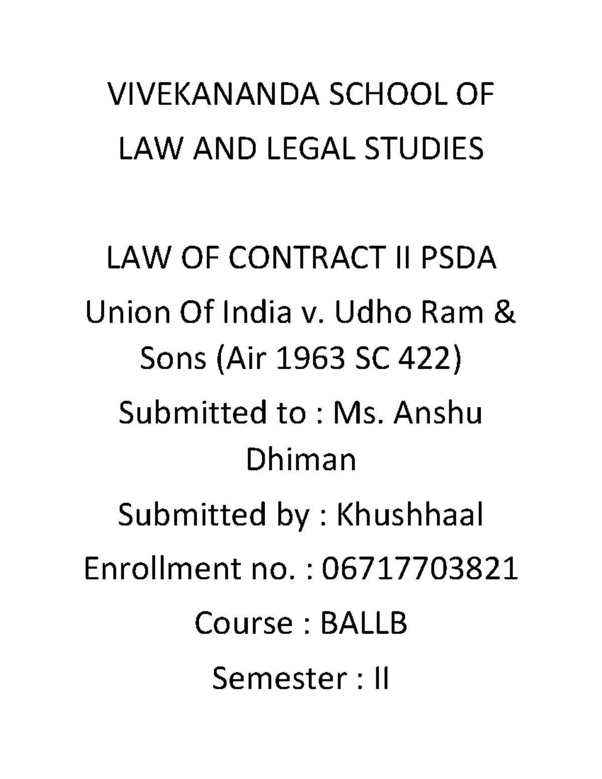 Contract PSDA - VIVEKANANDA SCHOOL OF LAW AND LEGAL STUDIES LAW OF ...