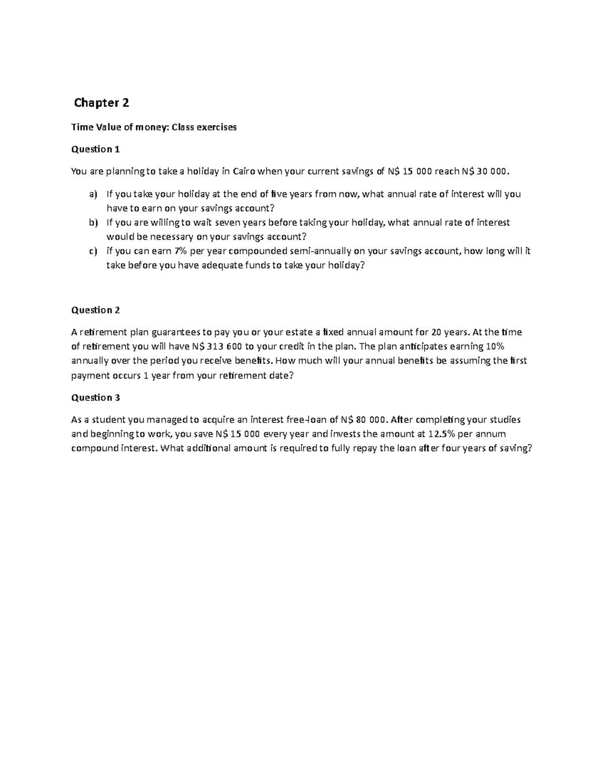 Time Value Of Money Class Exercises - Chapter 2 Time Value Of Money 