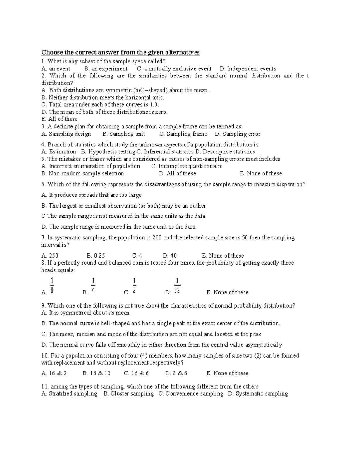 Exit exam model for stat - Choose the correct answer from the given ...