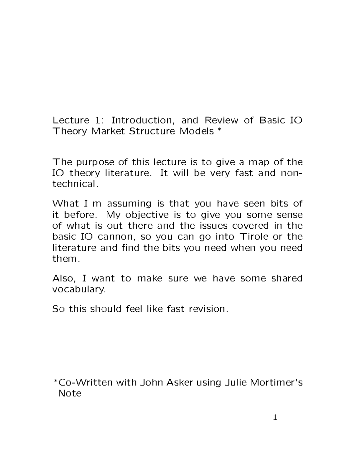 NYU Stern - Basic IO - This is note for io. This is NYU IO. Note is ...