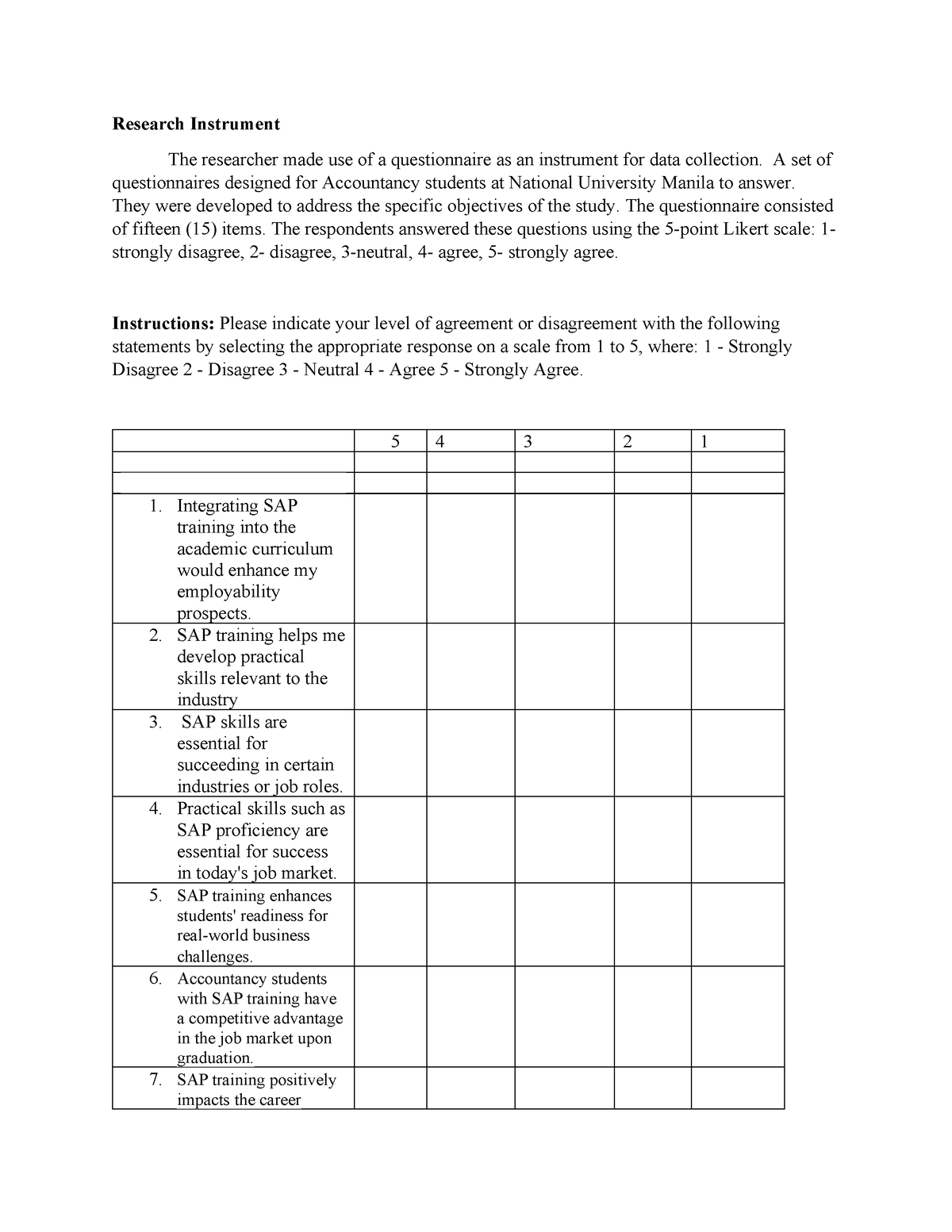 Research Instrument - Likert Scale Questionnaire - Research Instrument 