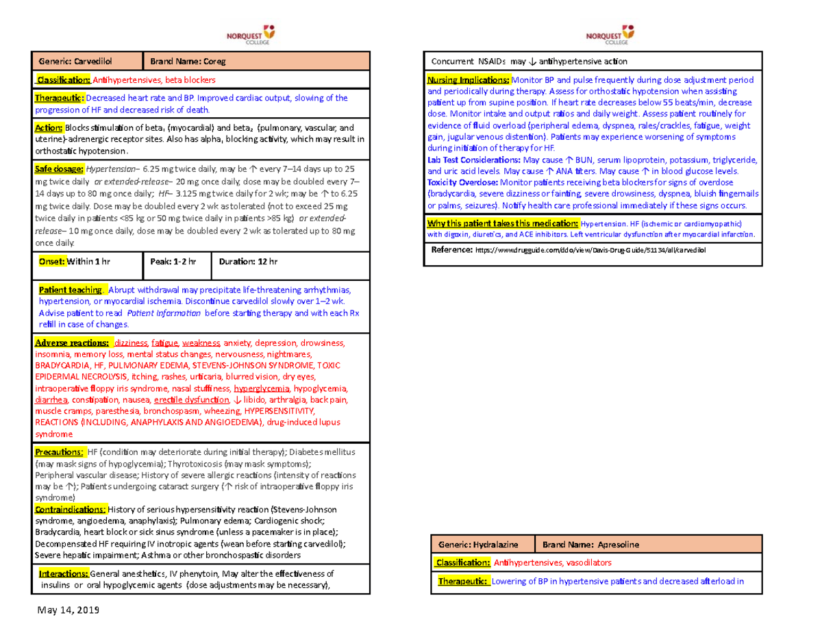 Carvedilol and Hydralazine Generic Carvedilol Brand Name Coreg