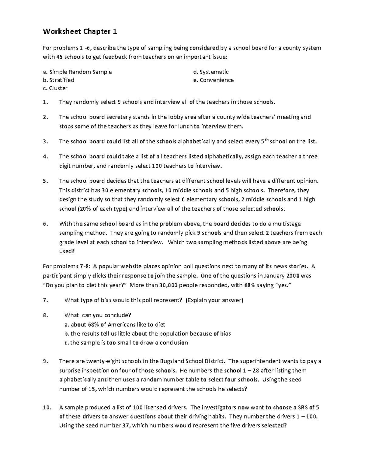 Ch 1 worksheet 1 - Worksheet Chapter 1 For problems 1 -6, describe the ...