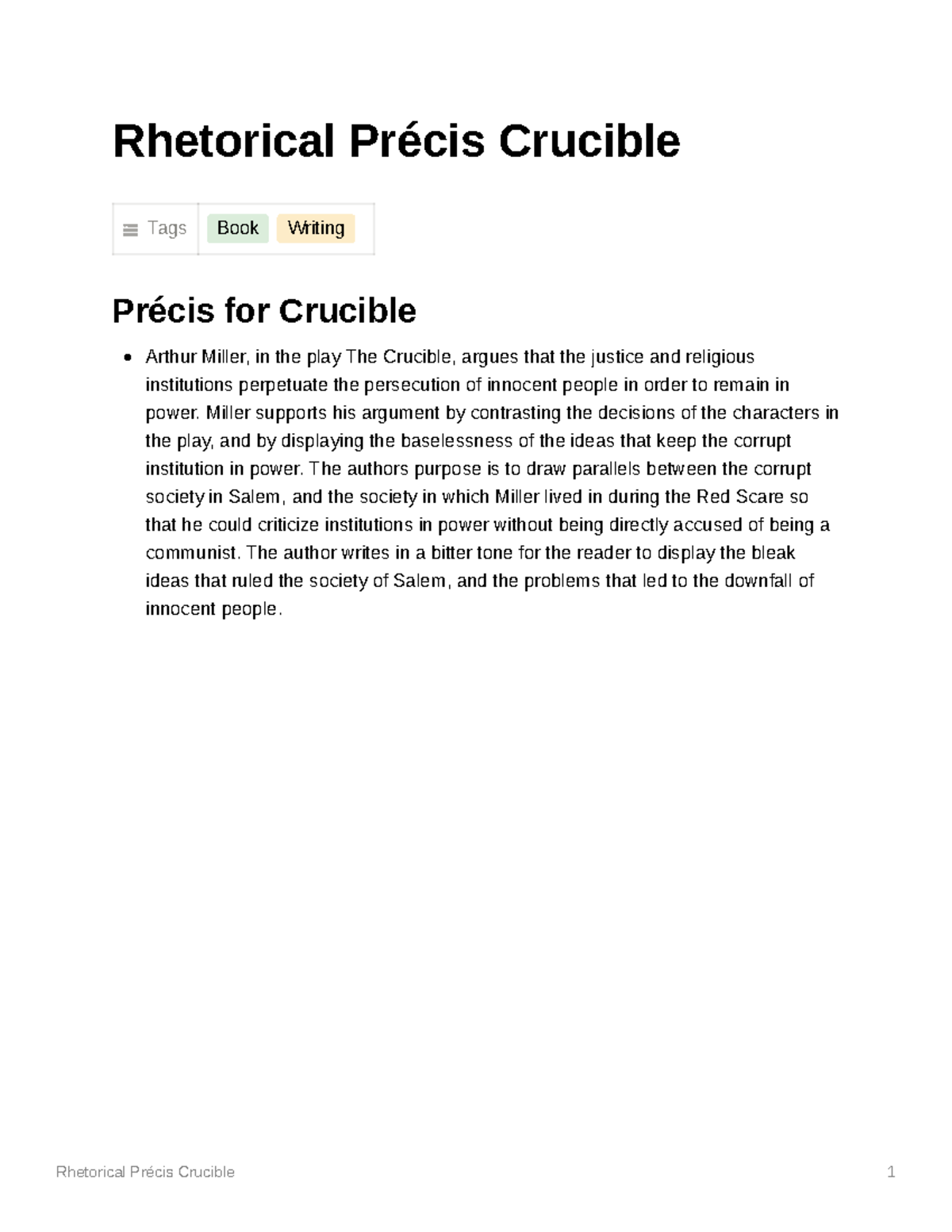 Rhetorical Prcis Crucible Miller supports his argument by contrasting