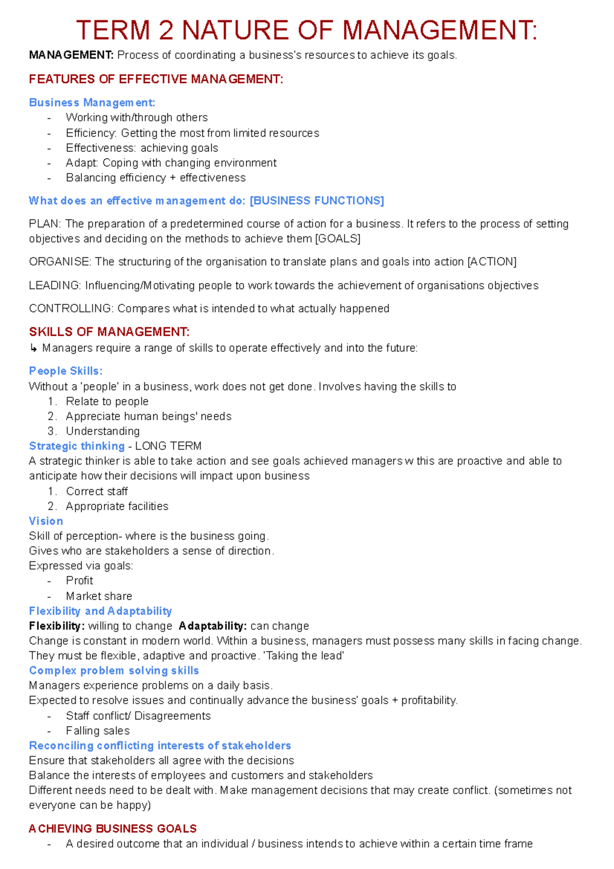 Term 2 of Prelim - Business Studies Notes - TERM 2 NATURE OF MANAGEMENT ...