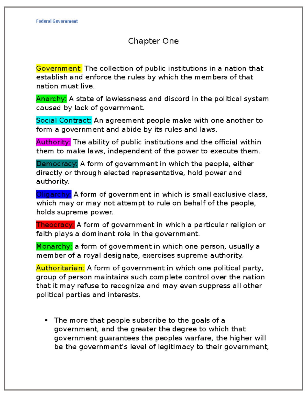 Chapter One-Federal Government - Chapter One Government: The collection ...