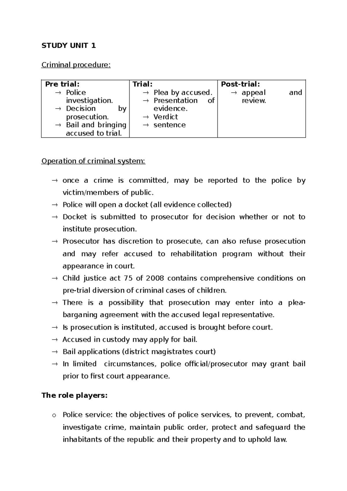 271 study unit 1 - Summary Criminal Procedure - STUDY UNIT 1 Criminal ...
