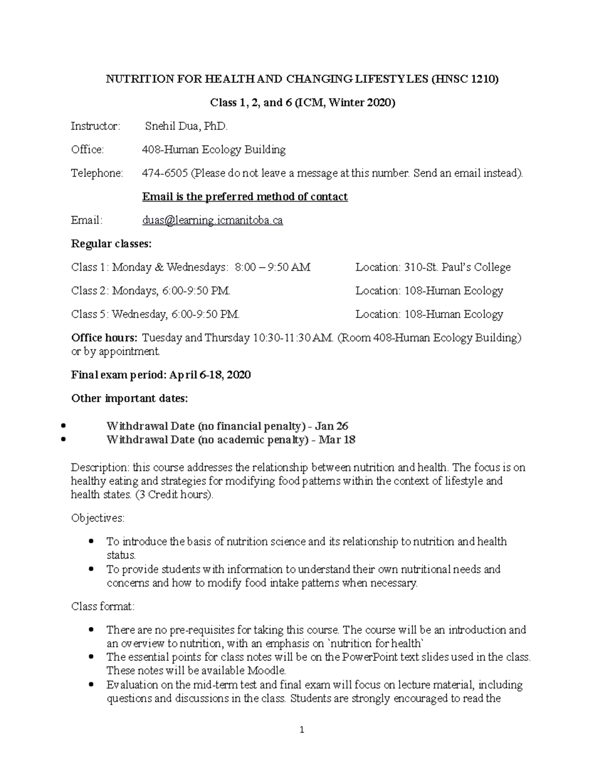 HNSC 1210 Syllabus Winter 2020 SDUA Copy - NUTRITION FOR HEALTH AND ...