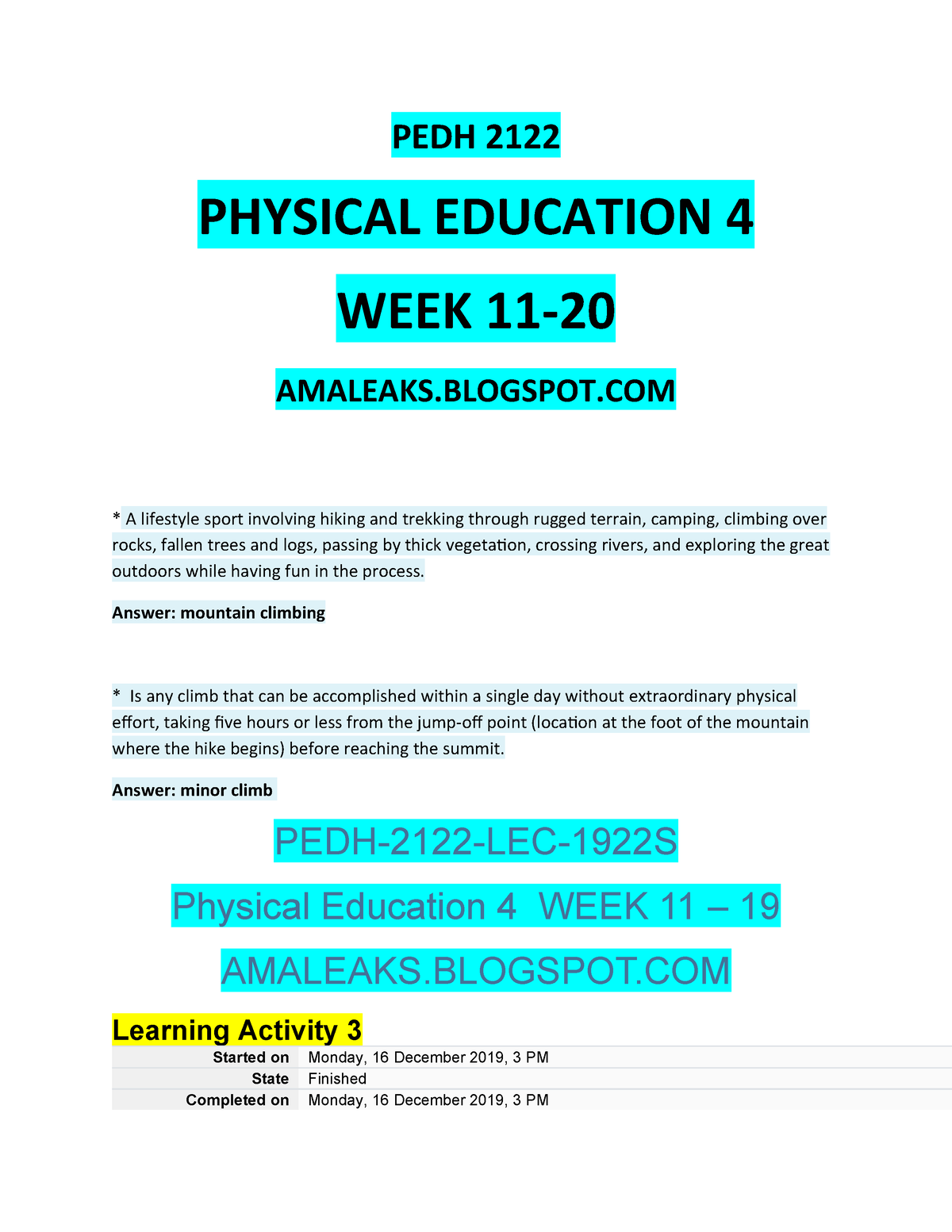 Toaz - Pedh Exam 2nd Quarter - PEDH 2122 PHYSICAL EDUCATION 4 WEEK 11 ...