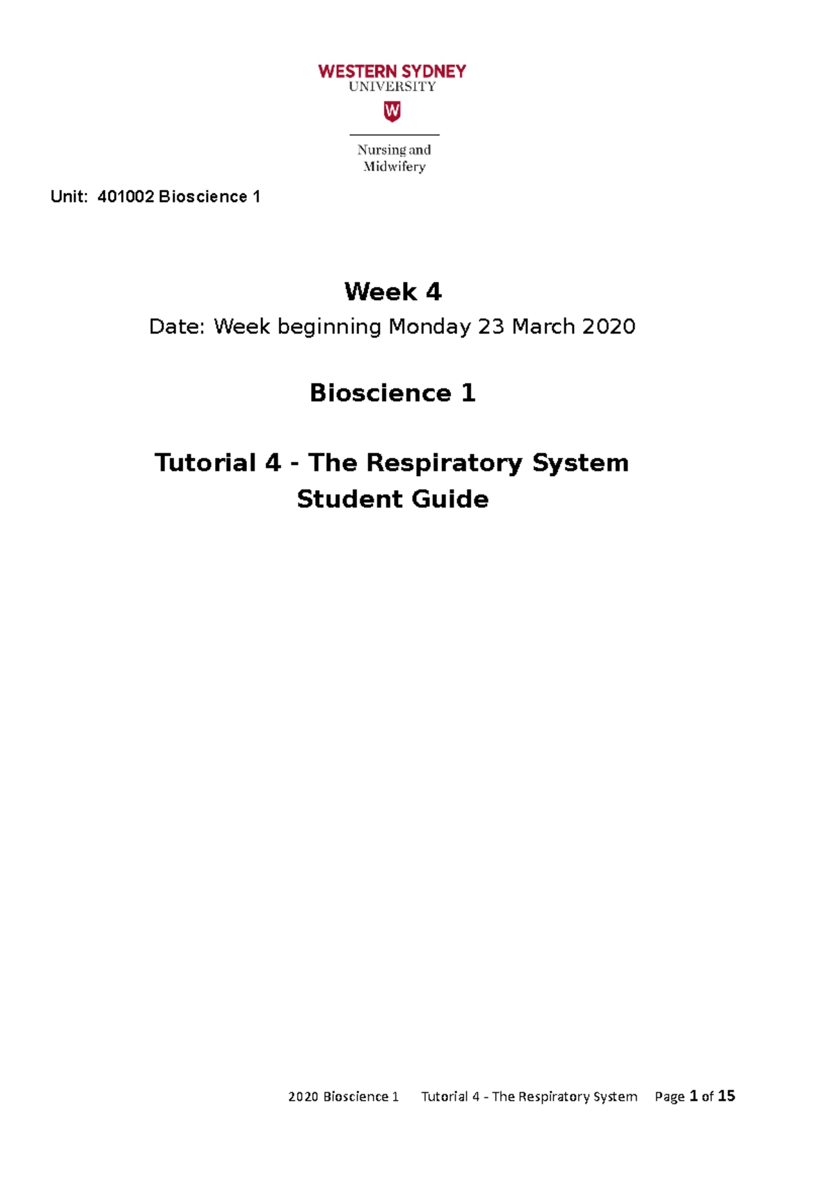 Respiratory System Tutorial(5) - Unit: 401002 Bioscience 1 Week 4 Date ...