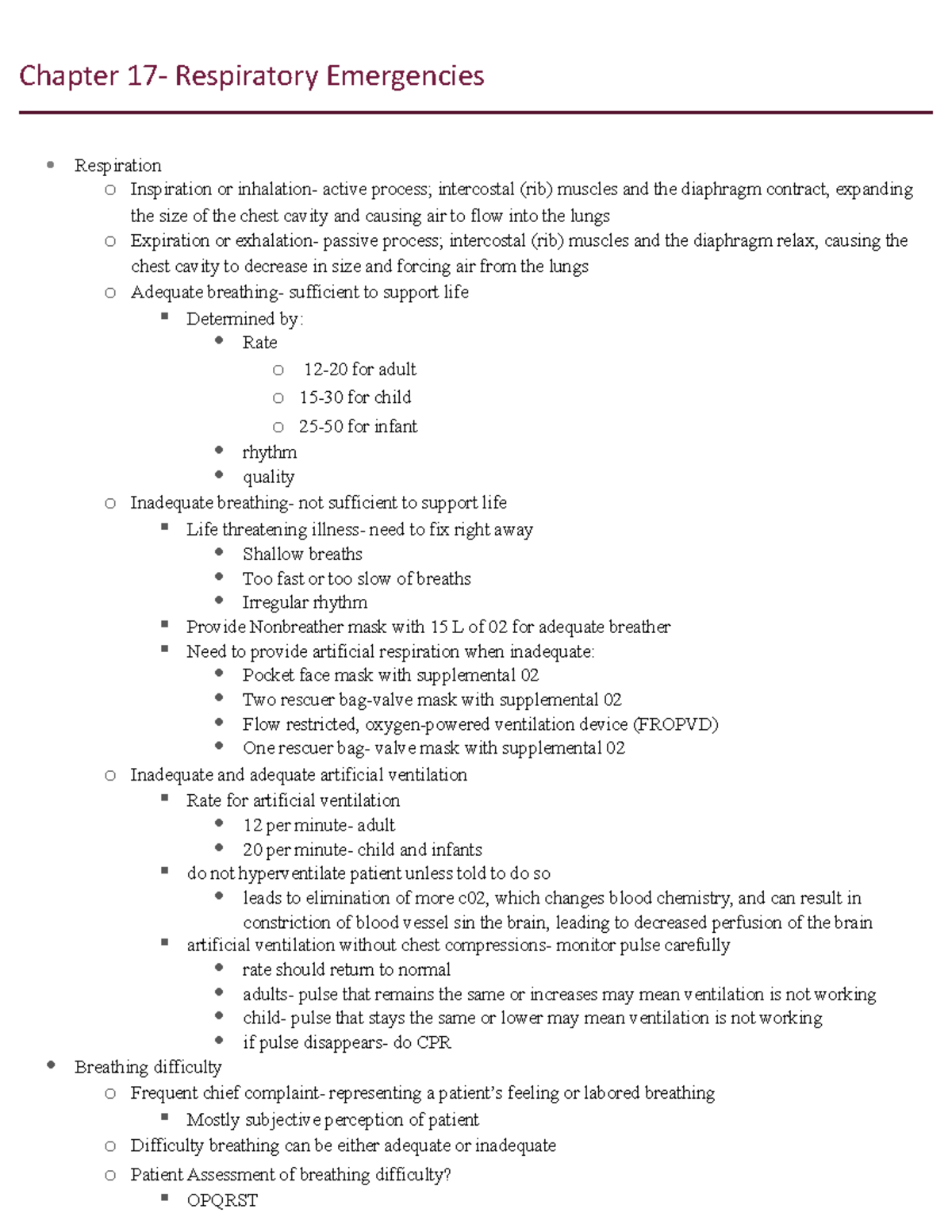 Chapter 17 Cutsumbis Chapter 17 Respiratory Emergencies Respiration o Inspiration or Studocu