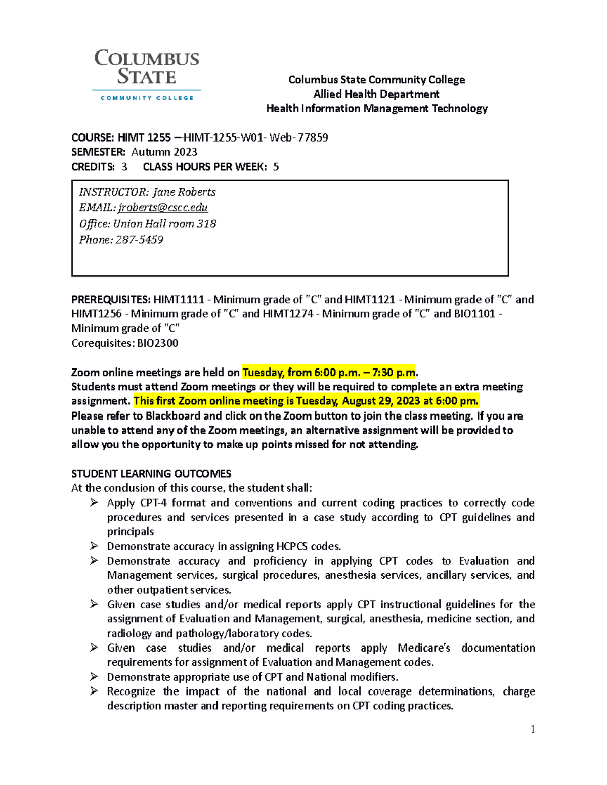 HIMT 1255 CPT Coding syllabus autumn 2023 - Columbus State Community ...