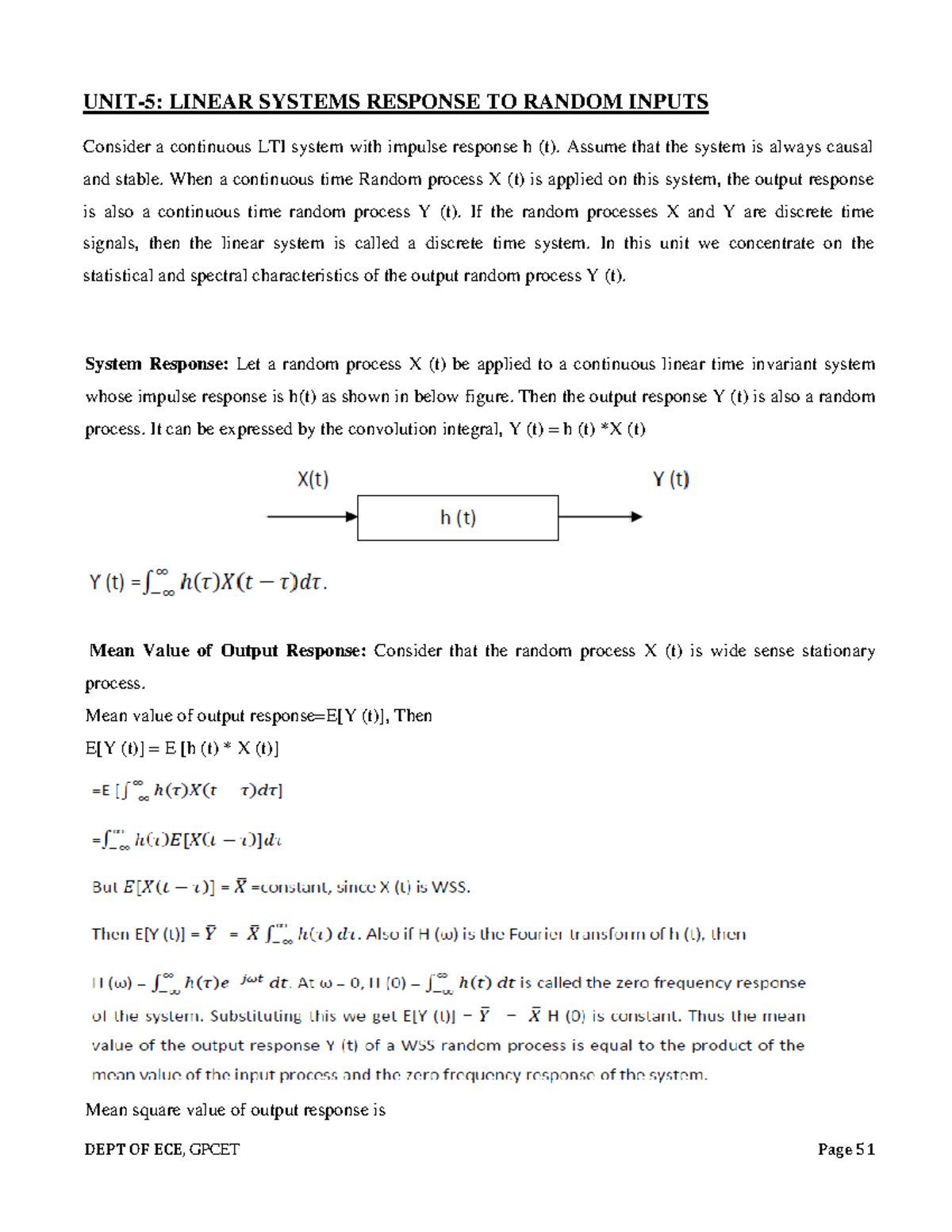 Ptsp notes unit 5 - System Response: Let a random process X (t) be ...
