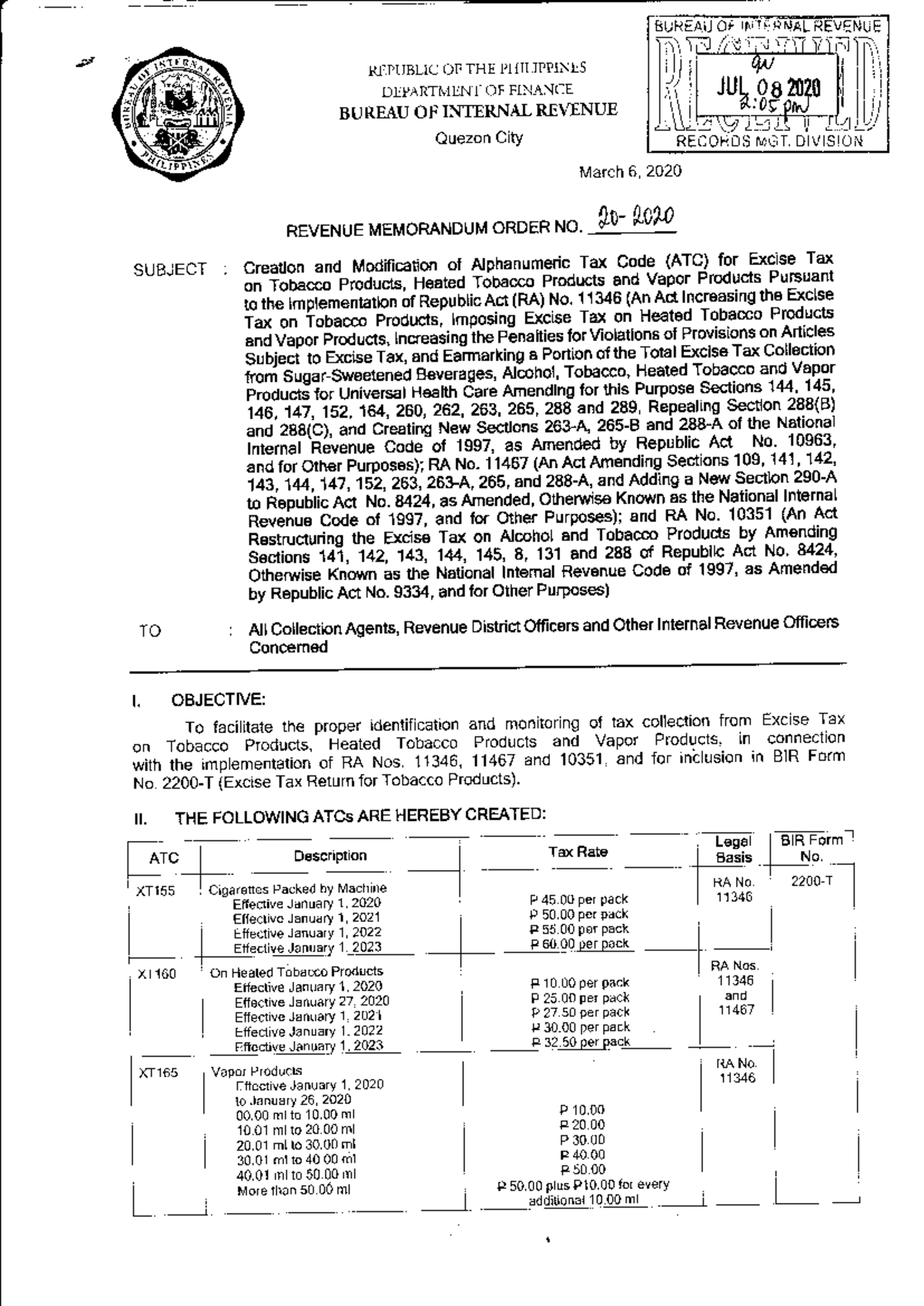 RMO No. 20-2020 - REPUBLIC OF THE PHILIPPINES DEPARTMENT OF FINANCE ...