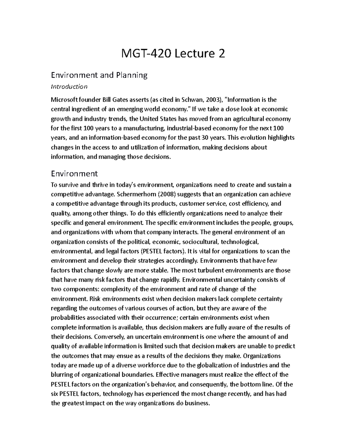 MGT 420 NWP T2 - Lecture Two Notes - MGT-420 Lecture 2 Environment And ...