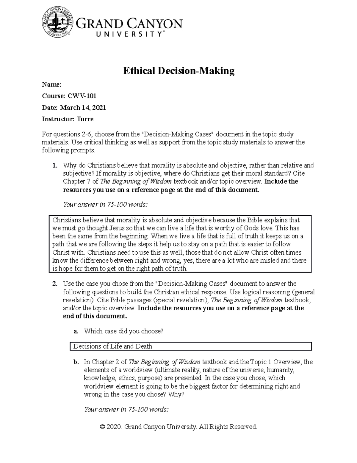 Cwv 101 301 Rs T6 T7ethical Decision Making Studocu