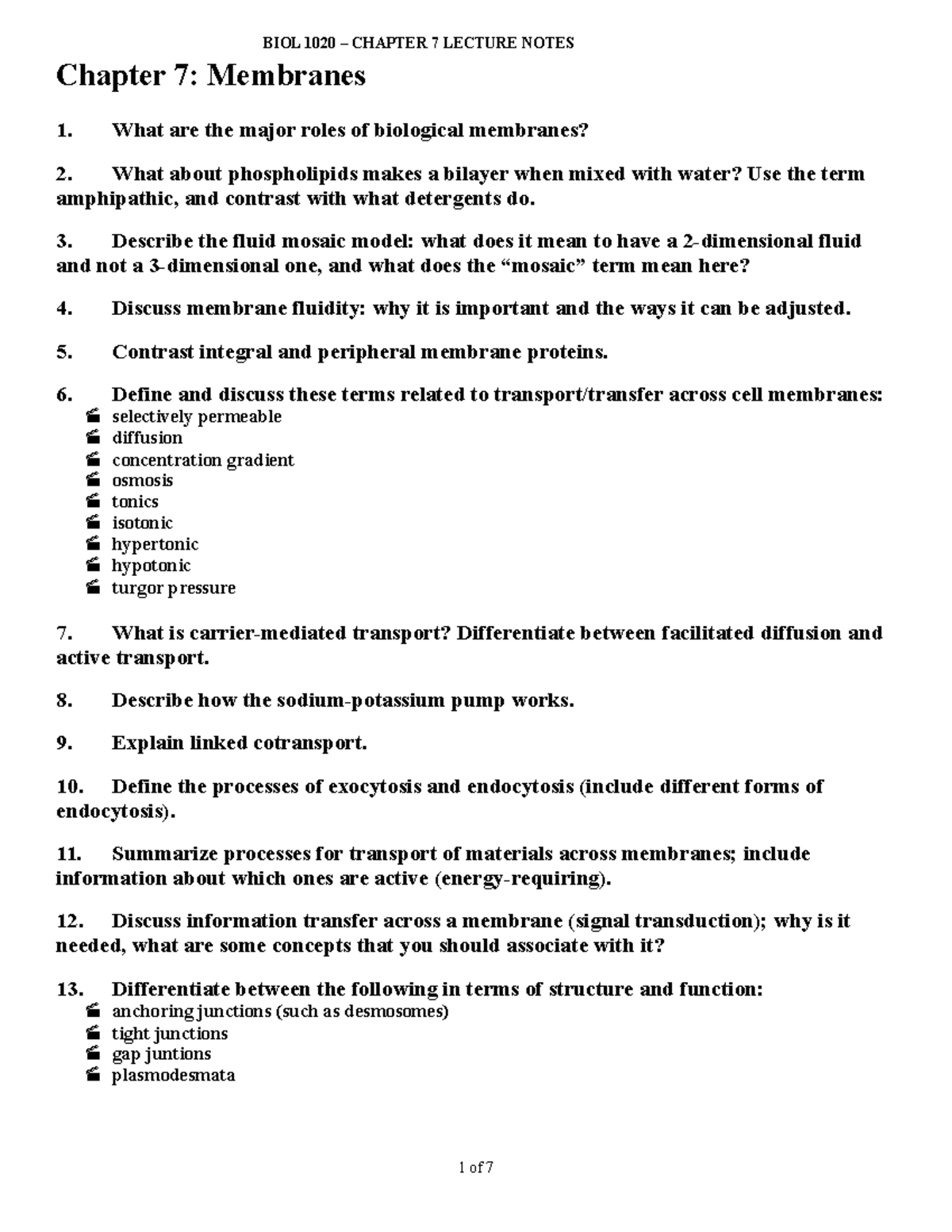 Cell membrane - Lecture notes 6 - Chapter 7: Membranes 1. What are the ...