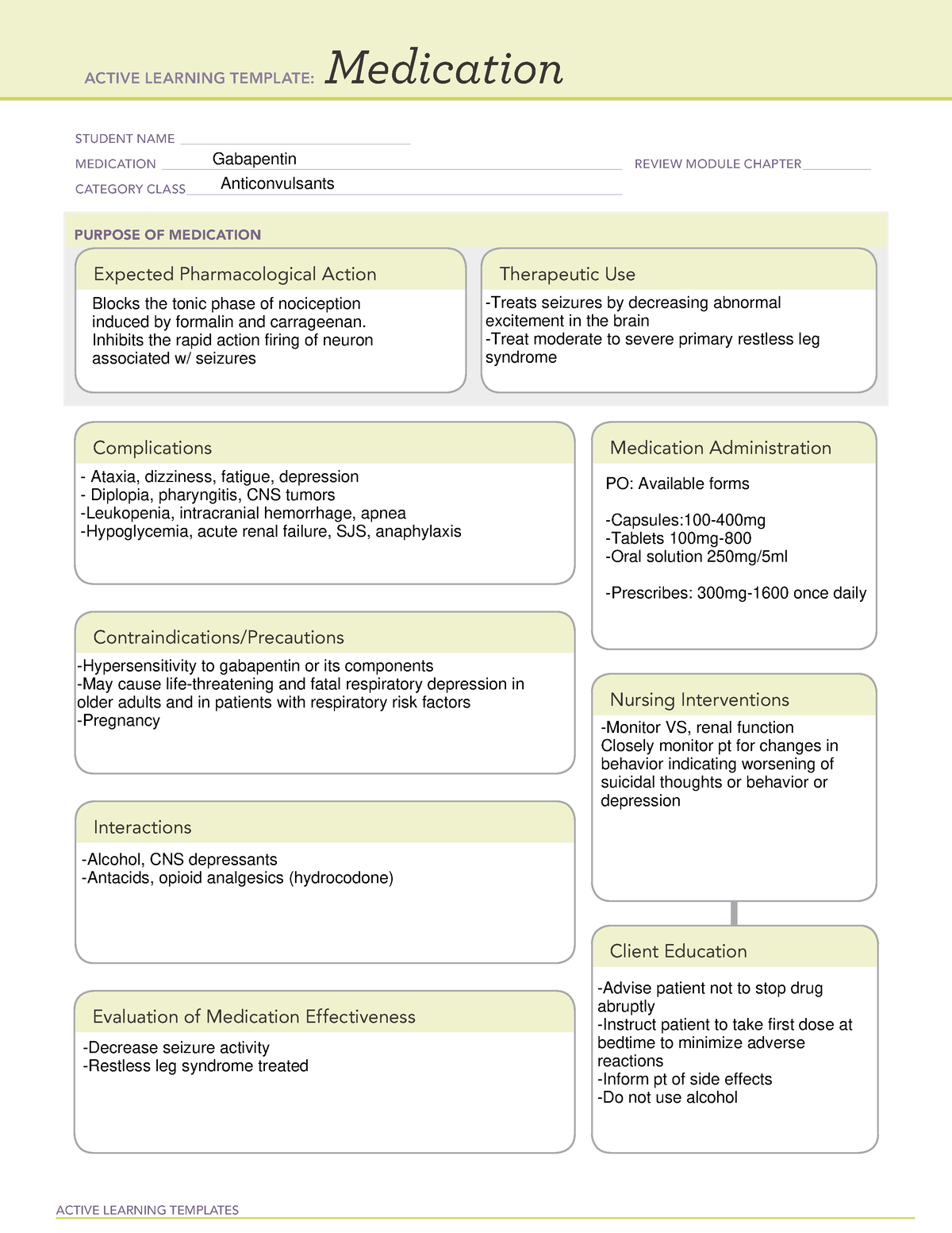 Gabapentin ATI med Medication template for ATI ACTIVE LEARNING