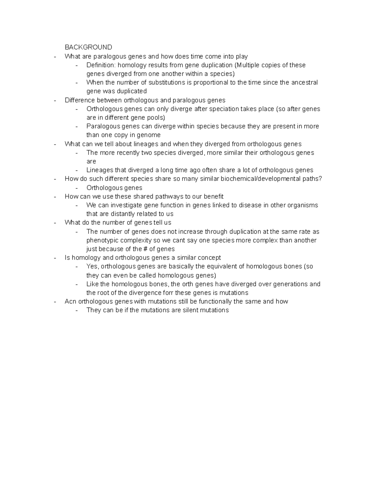 BIO 205 Molecular Clock quiz notes BACKGROUND What are paralogous