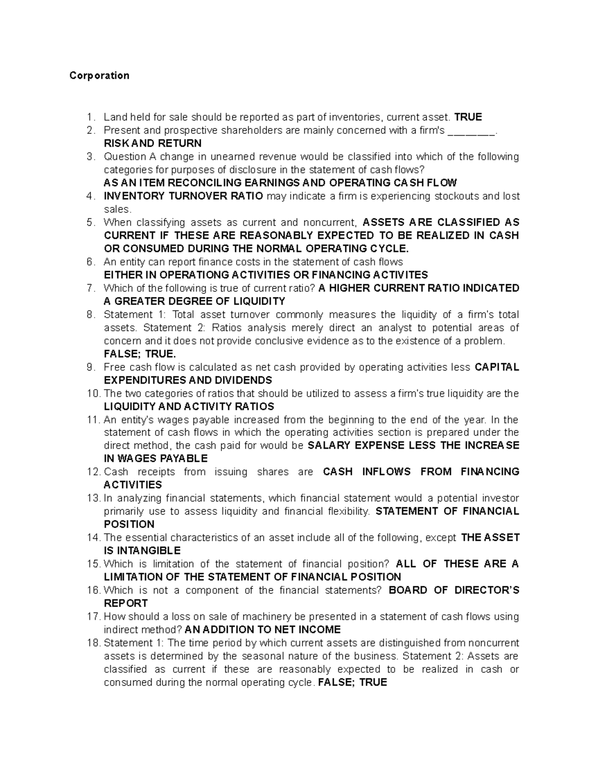 Corporation Test Practice Corporation Land held for sale should be