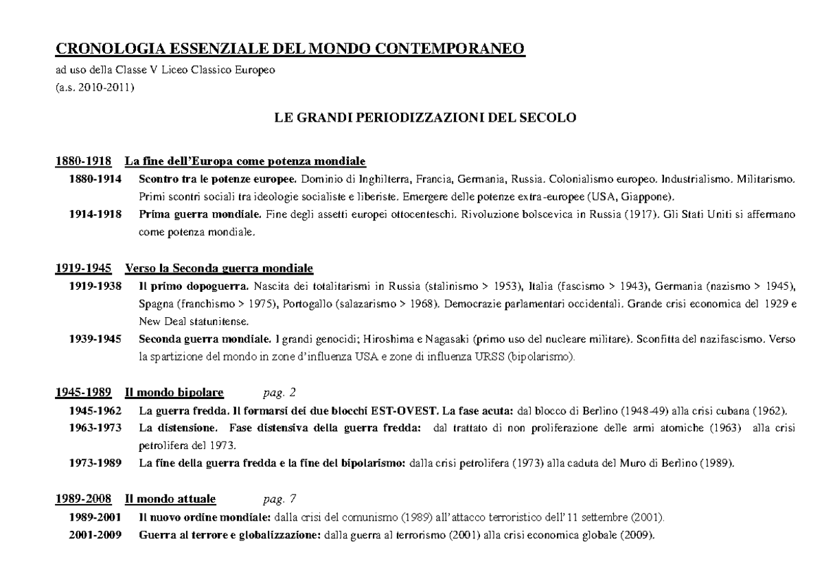 Cronologia essenziale del mondo contemporaneo - CRONOLOGIA ESSENZIALE