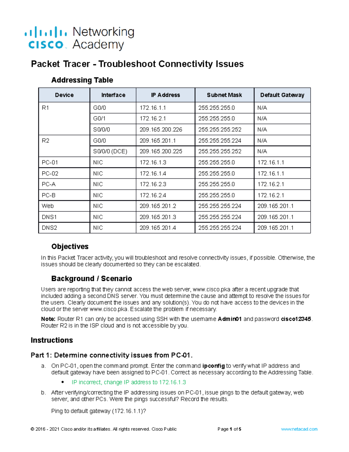 17.7.6 Packet Tracer - Troubleshoot Connectivity Issues - Addressing ...