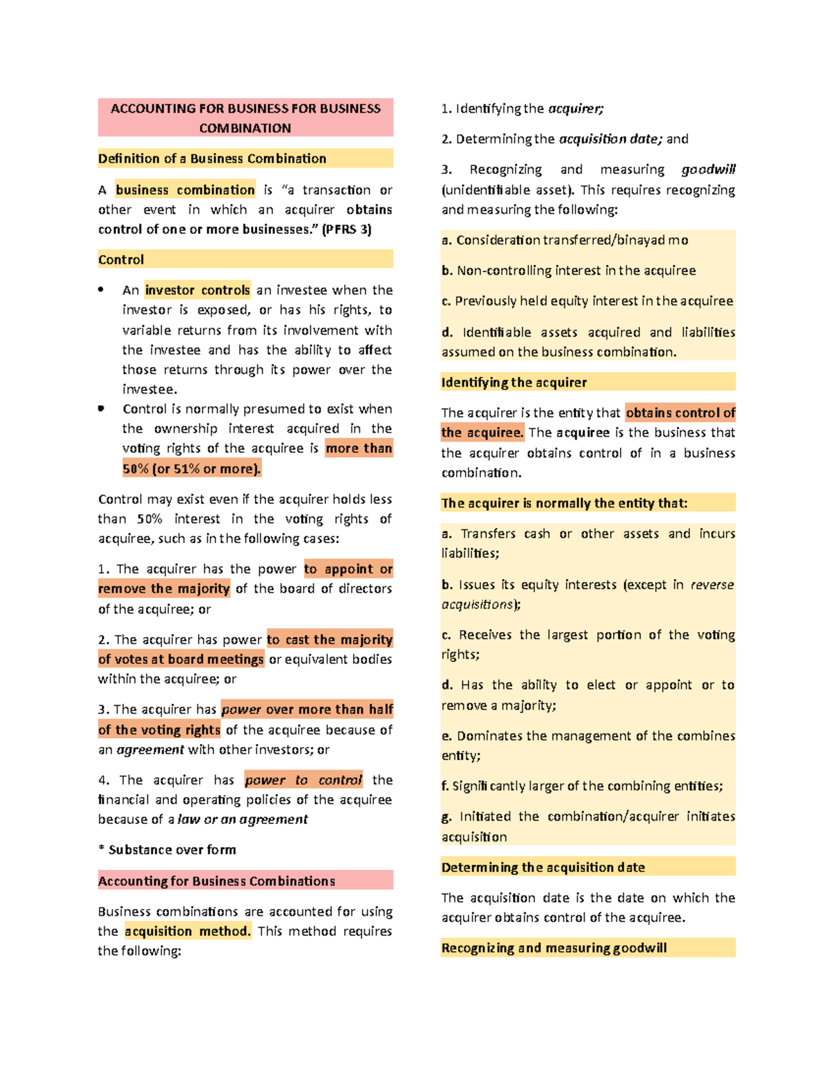 Notes for Biz Combi ACCOUNTING FOR BUSINESS FOR BUSINESS COMBINATION