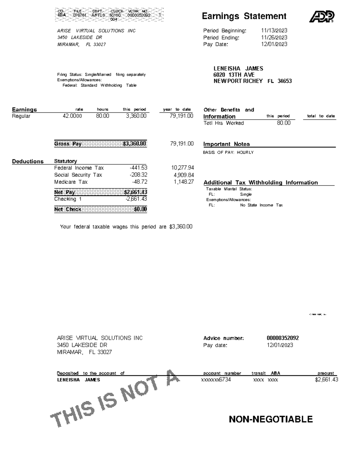 2023-12-01Arise-Virtual-Solution-Inc. - Earnings Statement 2000 ADP ...