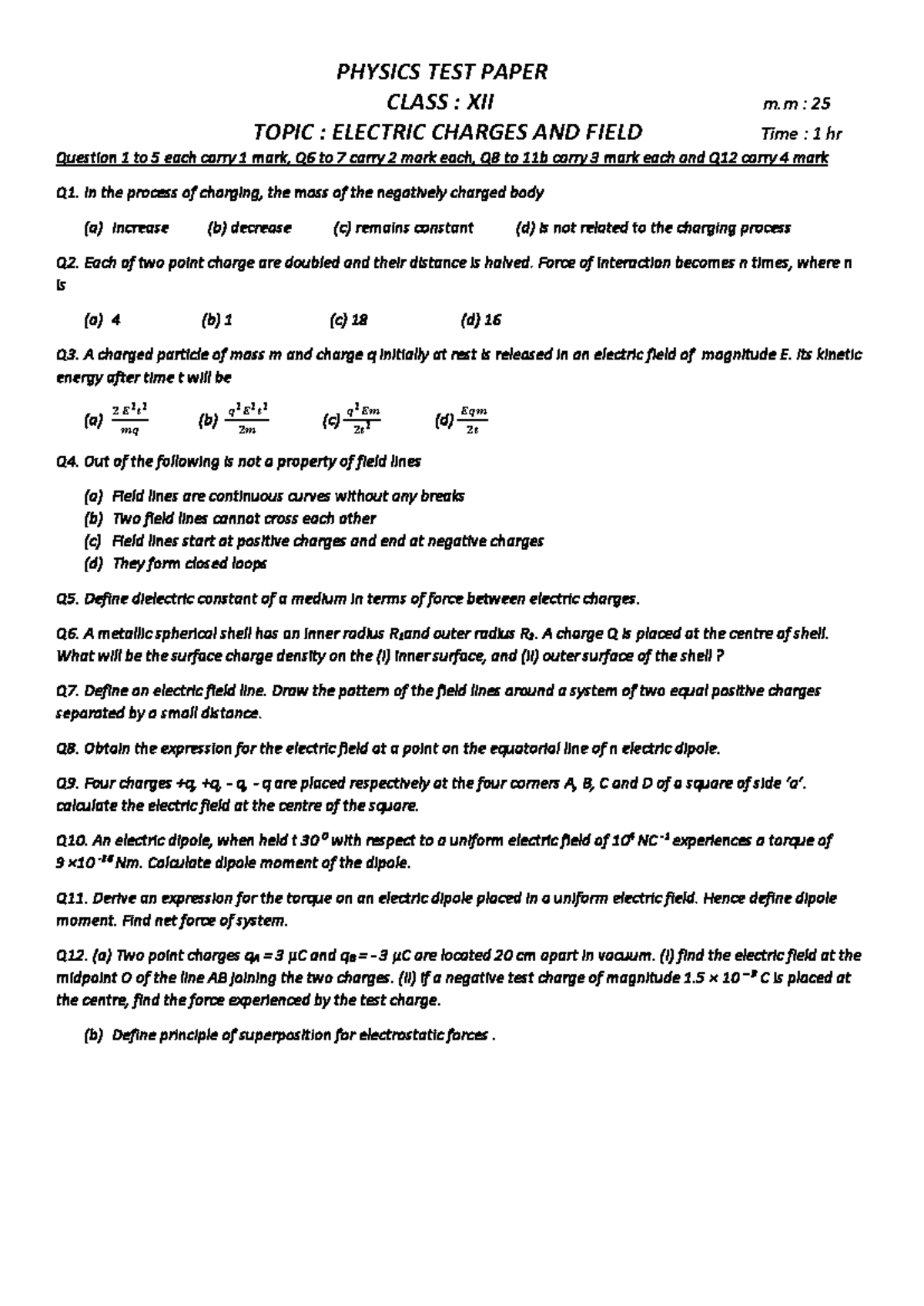 Physics test paper (electric charge and field ) - PHYSICS TEST PAPER ...