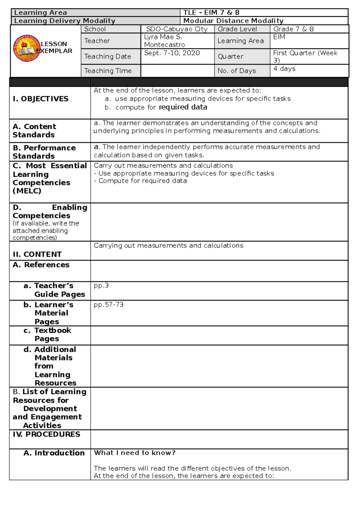 G8EIM MELC 1 - EIM - Learning Area TLE - EIM 7 & 8 Learning Delivery ...