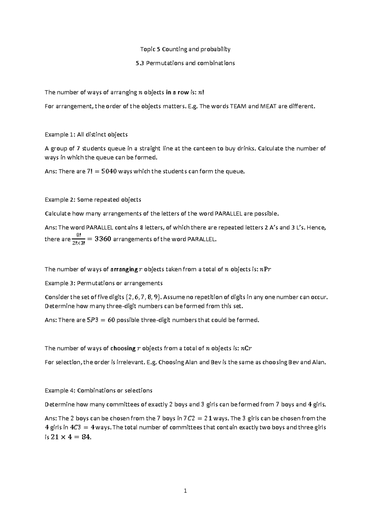 Topic 5.3 Permutations and combinations - Topic 5 Counting and ...