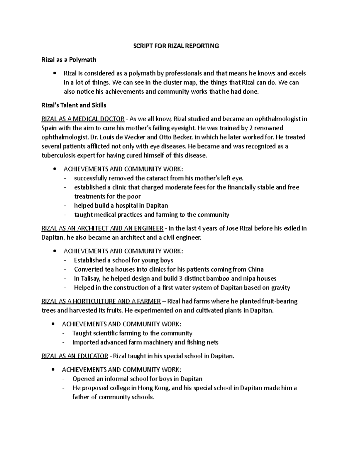 Rizal AS A Polymath - SCRIPT FOR RIZAL REPORTING Rizal as a Polymath ...