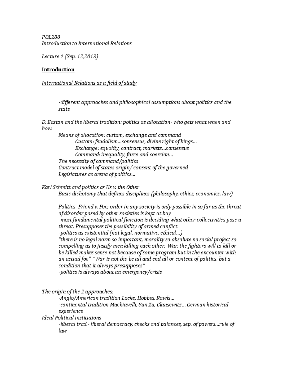 POL208 lecture 1 notes - POL208 Introduction to International Relations ...