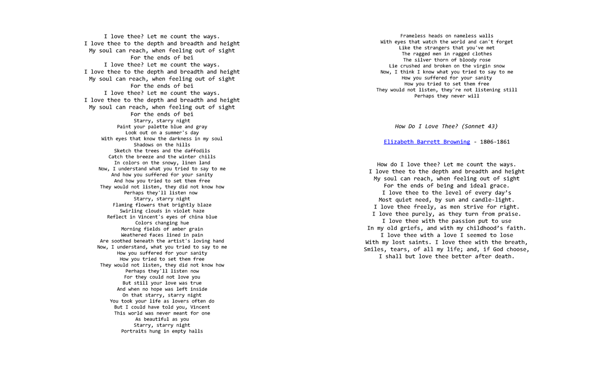 ACT 2 GE ARTS ACTIVITIES I love thee? Let me count the ways. I love