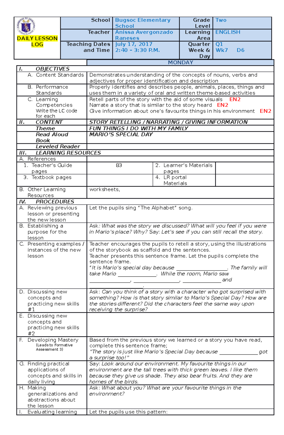 English 2 DLL - Q1 W7 - Lesson Log - DAILY LESSON LOG School Bugsoc ...