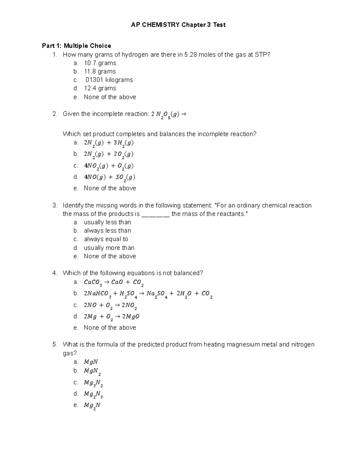 Chapter 3 Test For Chem Preparation: Stoichiometry And Mole Conversions 