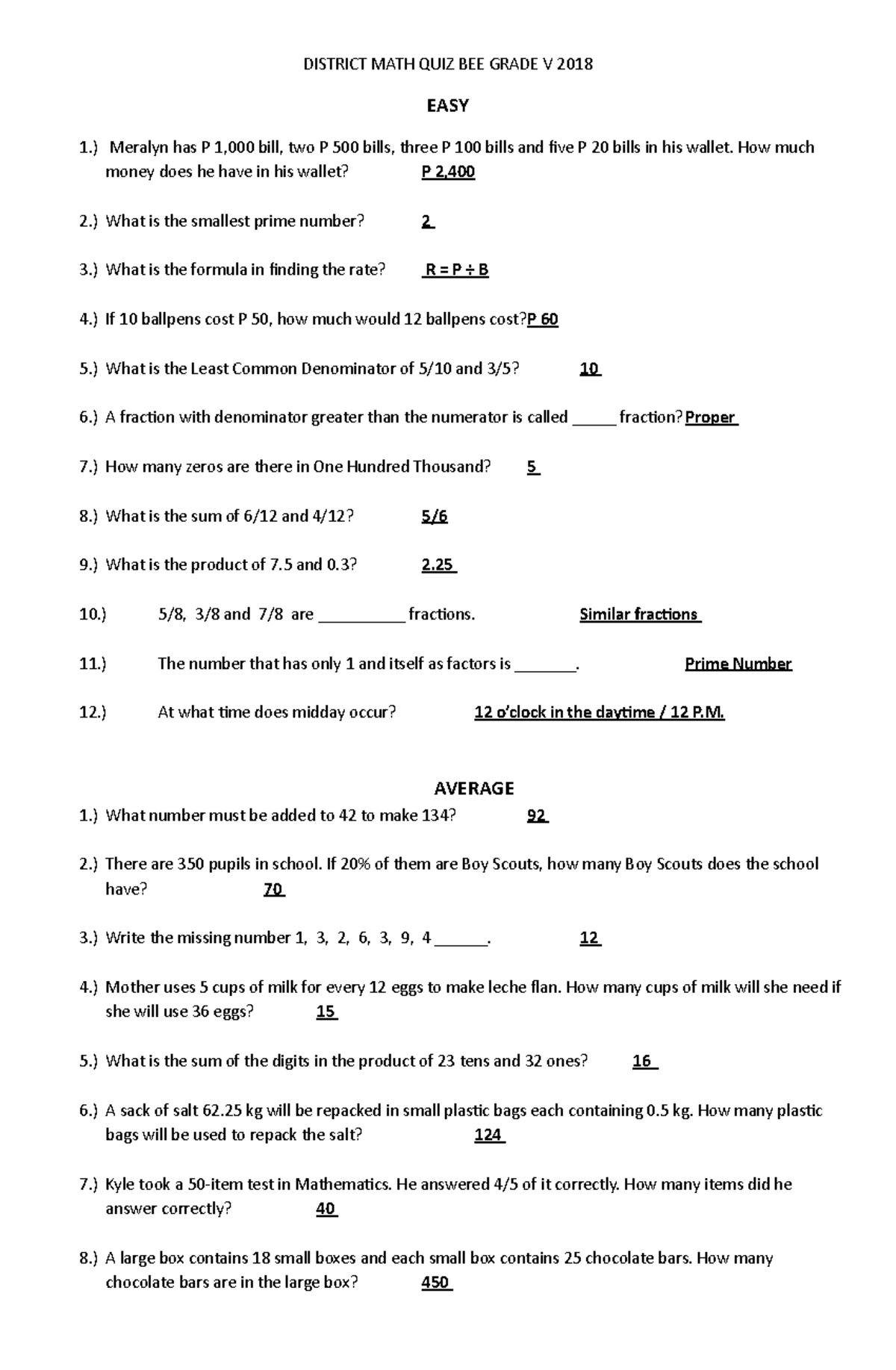 District MATH QUIZ BEE Grade V 2018 DISTRICT MATH QUIZ BEE GRADE V