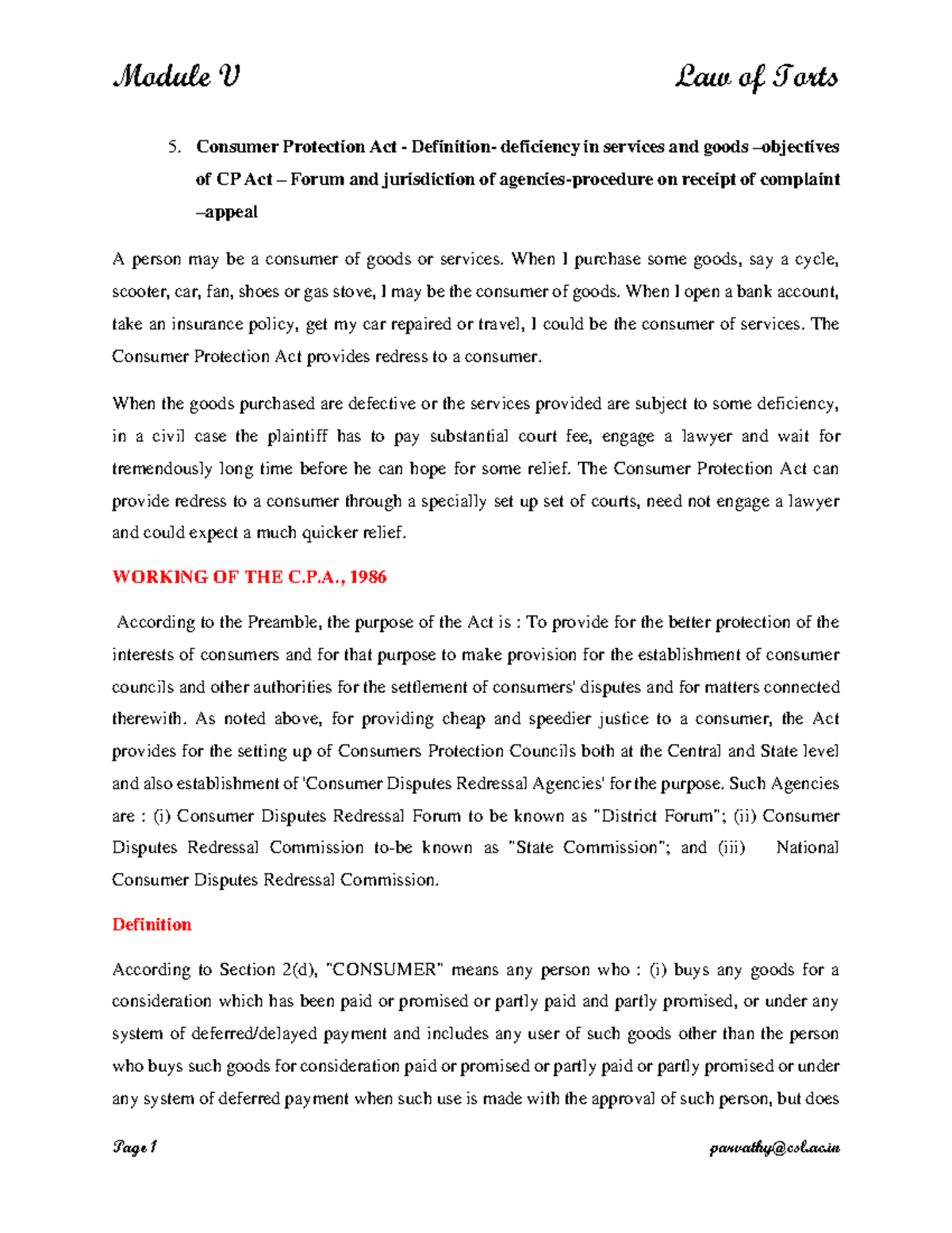 Module 5 Law of torts MG University 1st sem Consumer Protection