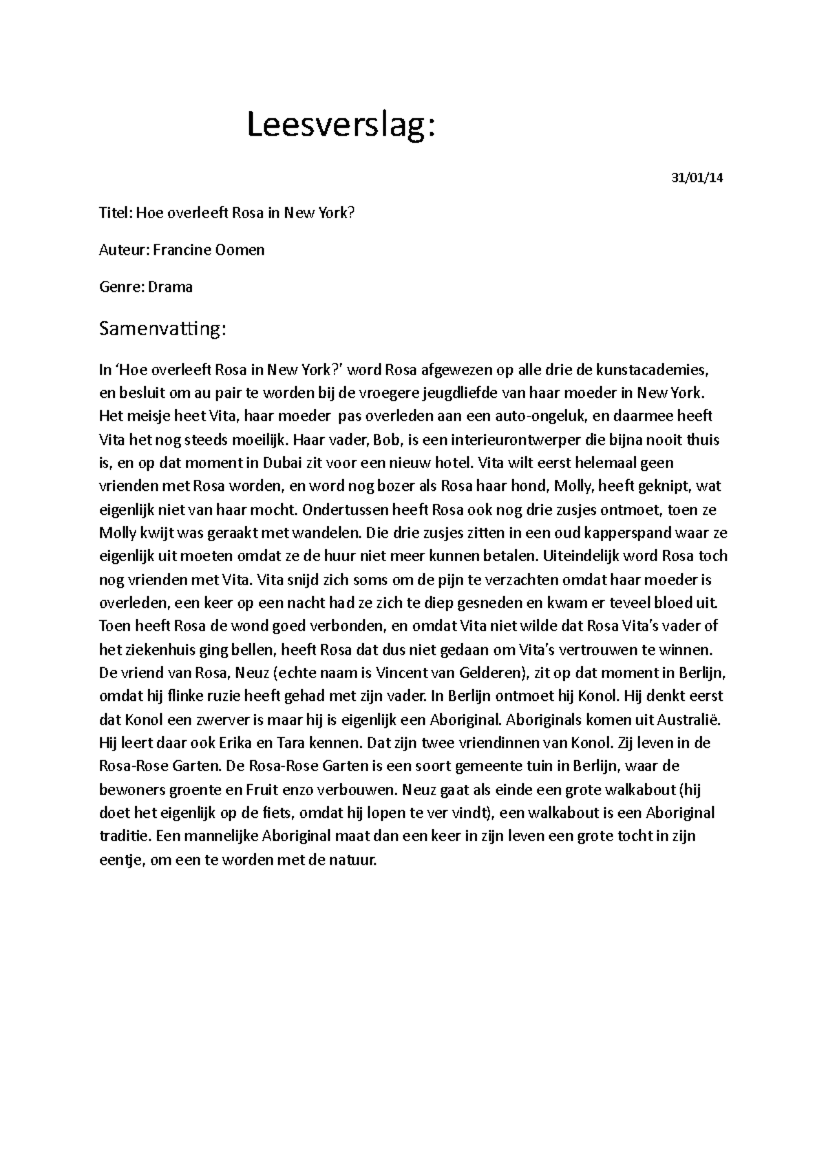 Leesverslag 4 Hoe overleeft Rosa in New York Leesverslag 31/01