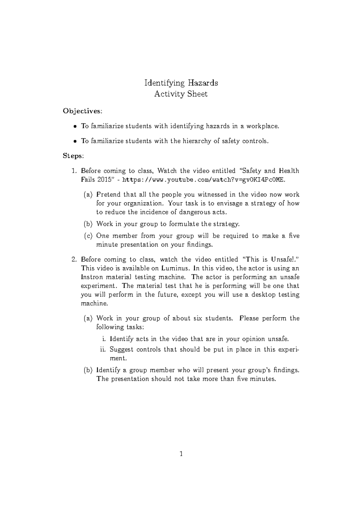 Week2 Safety Activity - studio sheet - Identifying Hazards Activity ...