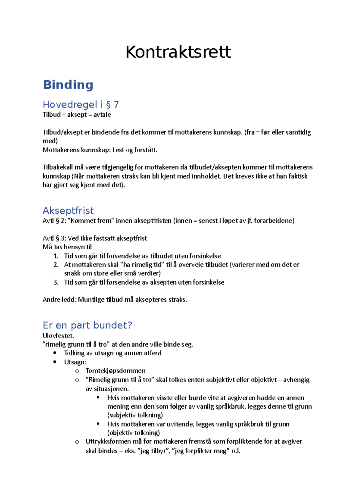 Sammendrag Av Kontraktsrett I - Kontraktsrett Binding Hovedregel I 7 ...