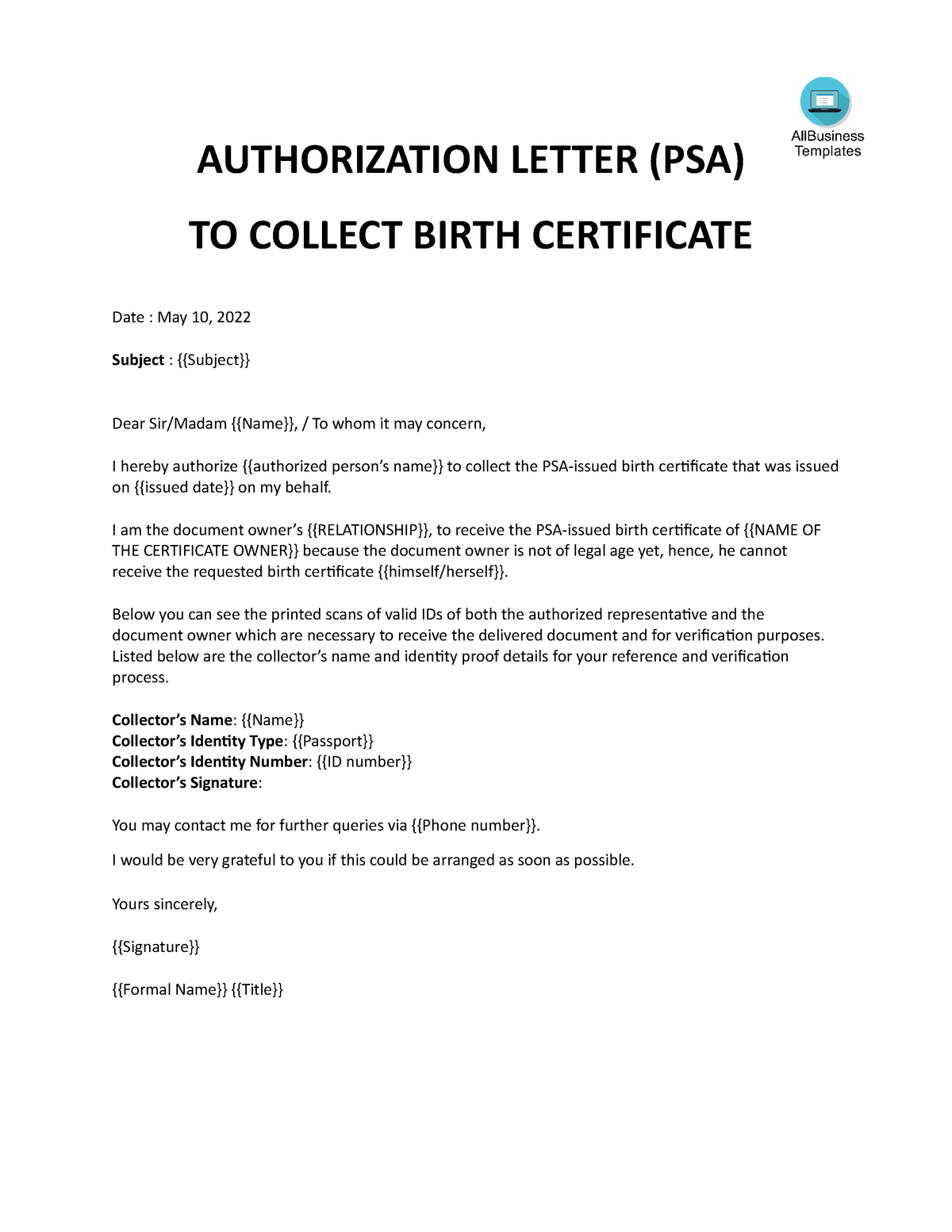 psa authorization letter - (psa) to collect birth certificate date : may 10, studocu word free cv template professional format file download