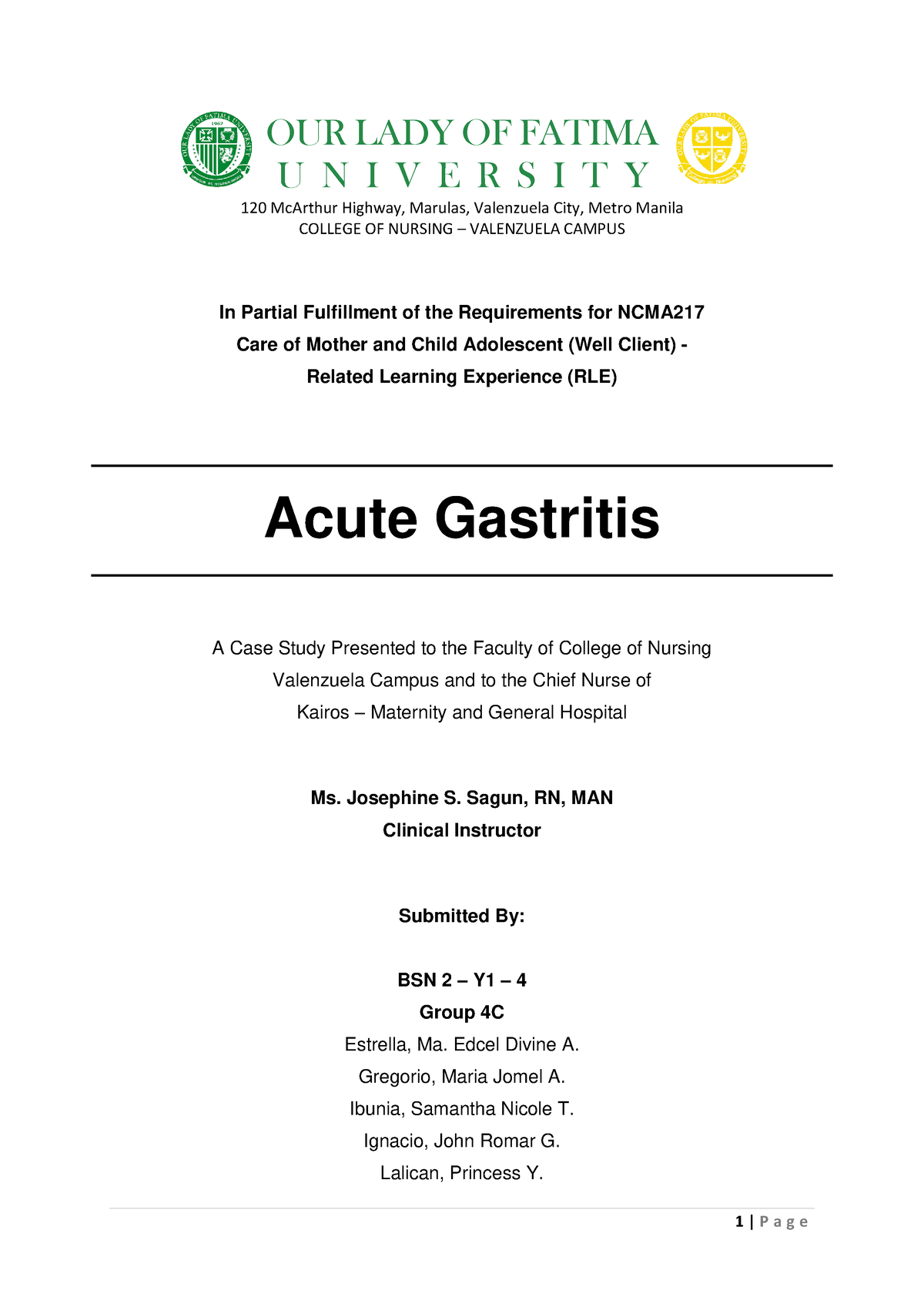 Case Study Presentation About Gastroenteritis - OUR LADY OF FATIMA U N ...