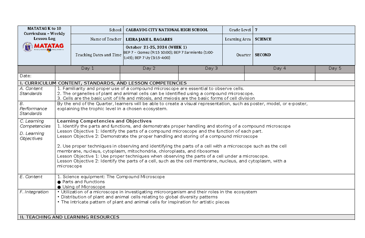 DLL G7 Science Q2 WEEK 1 - MATATAG K to 10 Curriculum – Weekly Lesson ...