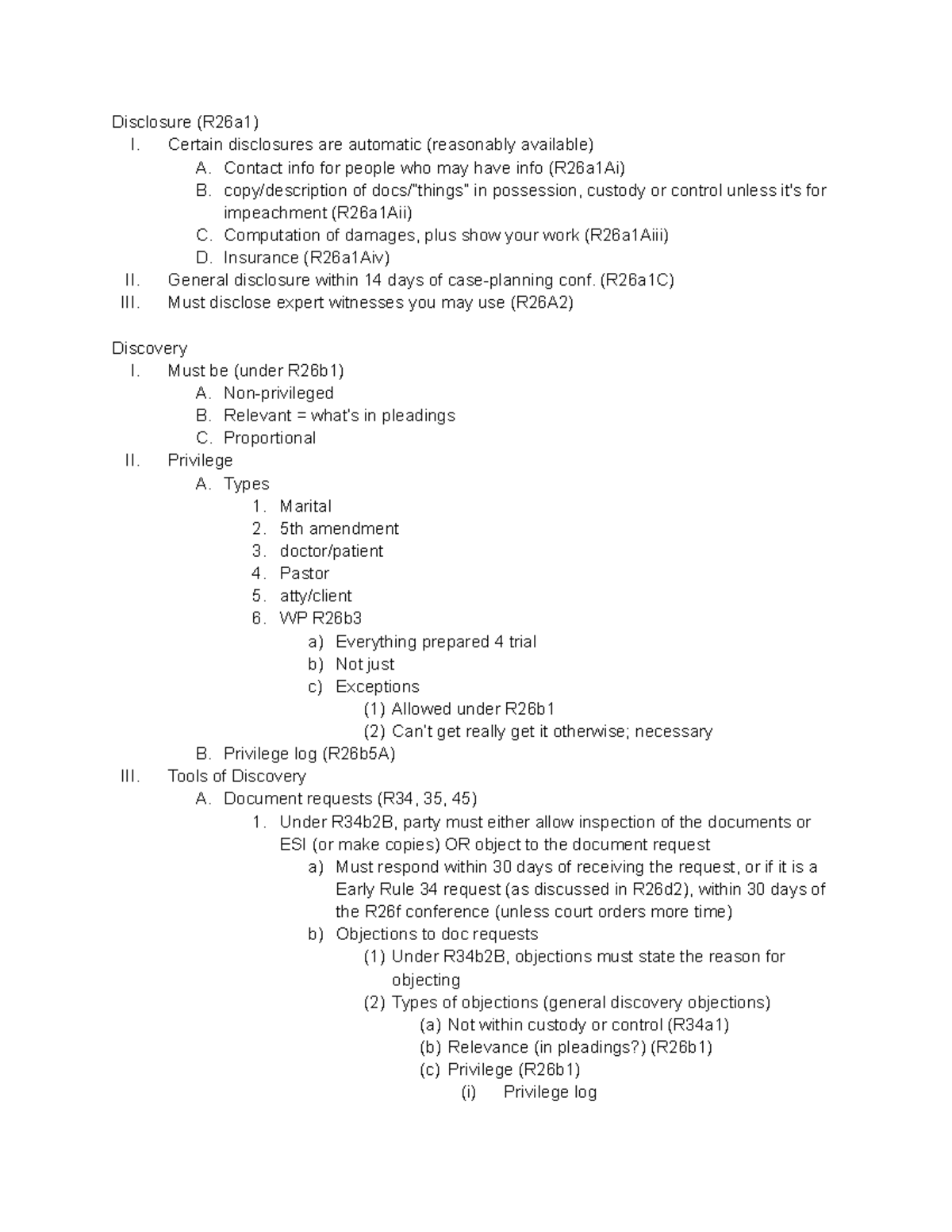 Civ Pro Discovery - Disclosure (R26a1) I. Certain disclosures are ...