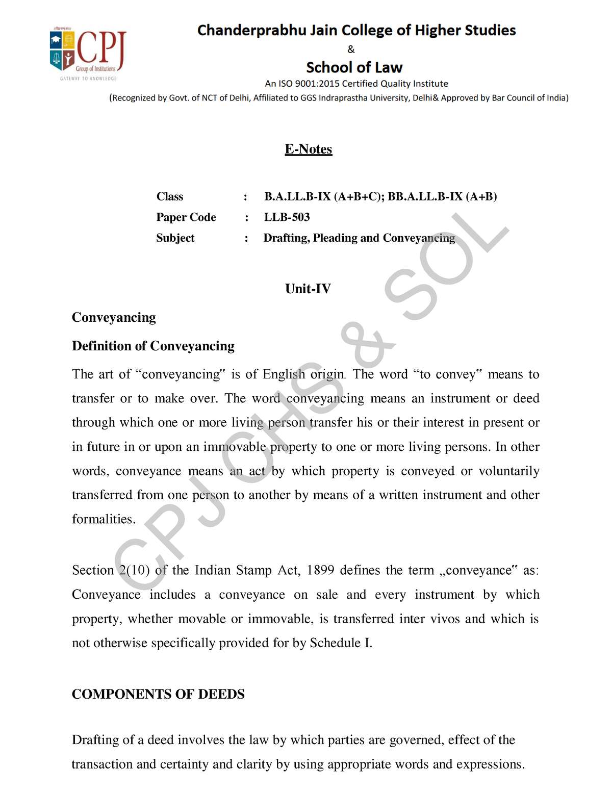 E- Notes UNIT-4 Drafting CPJ - E-Notes Class : B.A.LL-IX (A+B+C); BB.A ...