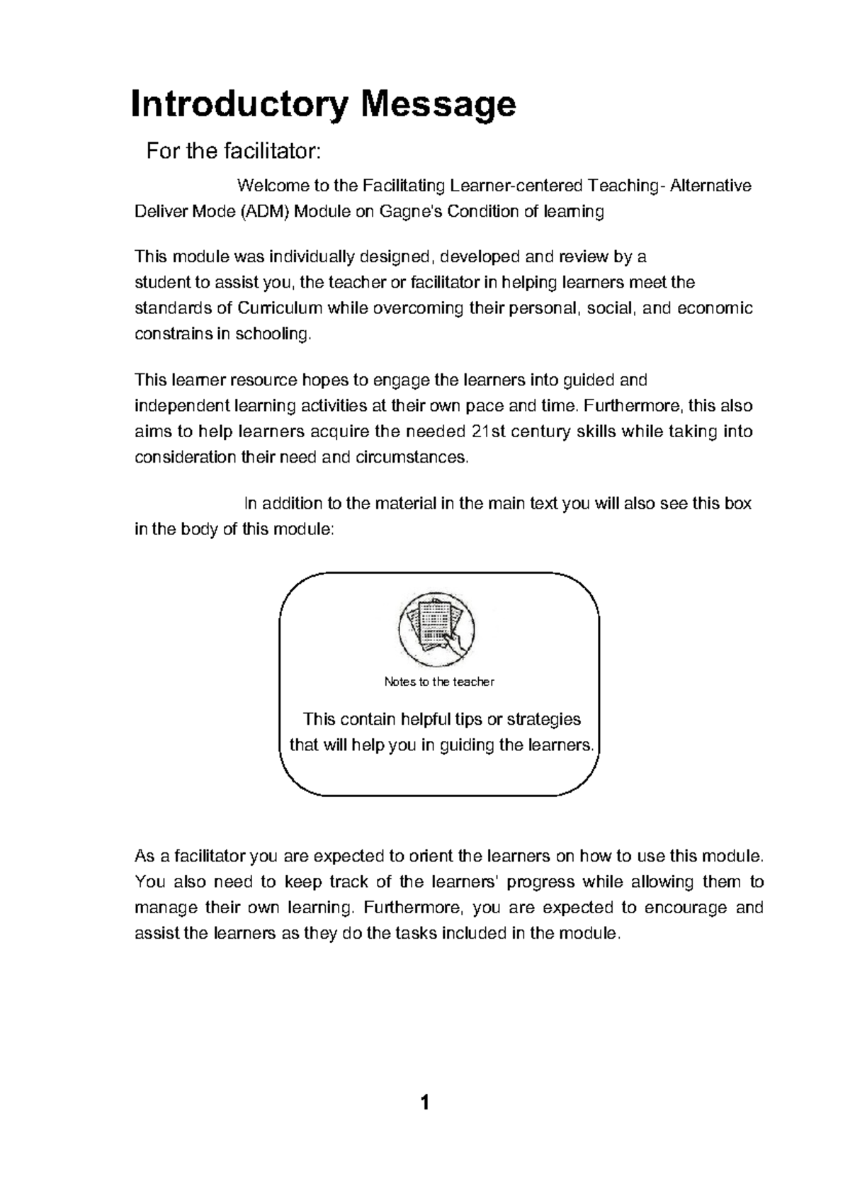Module FLCT - Introductory Message For the facilitator: This contain ...